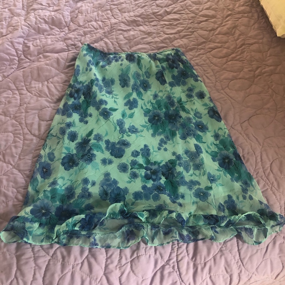 Long Blue Silk Floral Skirt